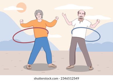 Elderly couple practicing yoga, Grandparents doing exercises, Sport, Morning exercises, Cartoon vector illustration.