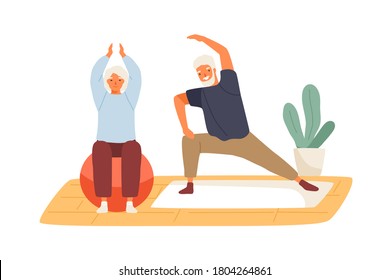 Elderly couple practicing yoga at home vector flat illustration. Active mature man and woman doing exercise on mat and aerobic ball isolated. Family enjoy sport and healthy lifestyle together