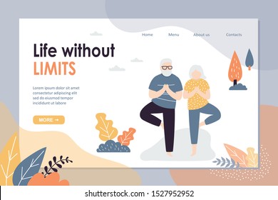 Elderly couple practicing yoga outdoor location. Grandpa and Grandmother standing in yoga pose. Park workout landing page template. Athletic Elderly concept webpage. Vector illustration