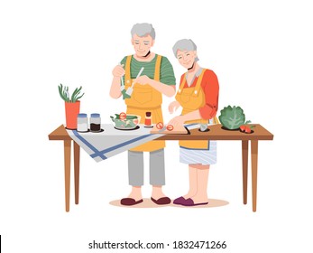 Elderly couple preparing healthy meal on table with organic food products. Vector old man and woman in aprons cooking dinner. Greens, vegetables, cabbage and carrot, salad and seasonings salt, pepper