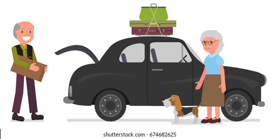 An elderly couple is preparing for a trip.. Vector illustration, flat style design. Isolated on a white background.