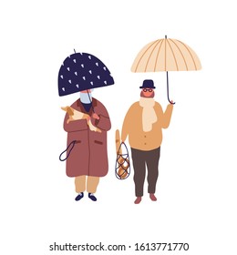 Elderly couple promenade under umbrella vector flat illustration. Aged cartoon man and woman walking with dog at autumn season weather. Family jaunt at rainy day isolated on white background.