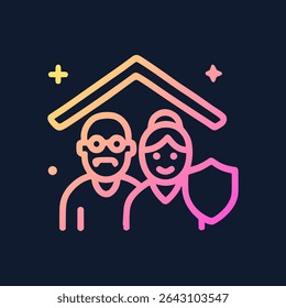 Elderly couple protected under roof. Icon symbol illustration