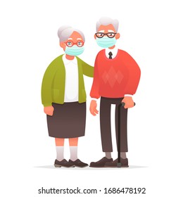 Elderly couple in protective medical masks. Grandparents against coronavirus. Grandmother and grandfather protected against virus or air pollution. Vector illustration in cartoon style