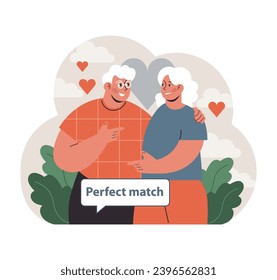 Elderly couple radiates joy, discovering their perfect match amidst heart-shaped clouds, epitomizing senior love and connection. Flat vector illustration