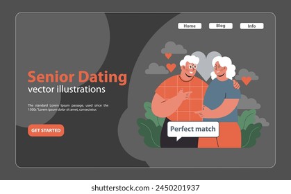 Elderly couple radiates joy, discovering their perfect match amidst heart-shaped clouds, epitomizing senior love and connection. Flat vector illustration