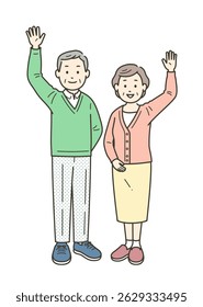An elderly couple raising one hand and waving