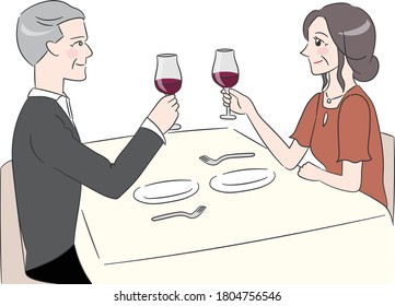 Elderly couple raising a toast at restaurant. Vector illustration isolated on white background.