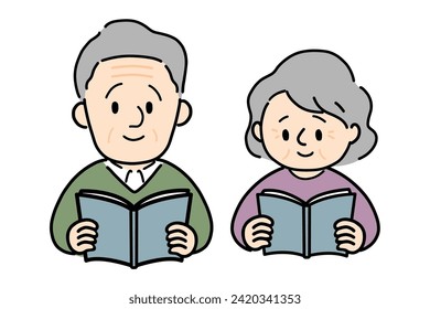 Elderly couple reading a book.