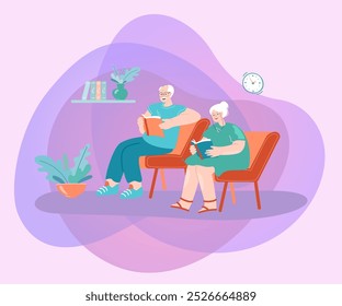 Casal idoso lendo livros em casa ou na biblioteca. Homem de desenho animado velho e mulher sentados em cadeiras com romances ilustração vetor plana. Aposentadoria, lazer, conceito de literatura para banner, design de site