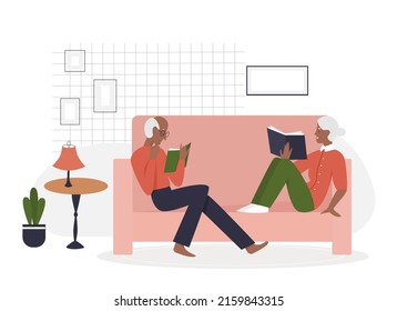 Elderly couple reading books. Relaxing retirement seniors people time vector illustration