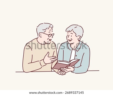 Elderly Couple Reading and Discussing Together Hand drawn style vector design illustrations.