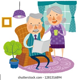 Elderly Couple Reading Newspaper