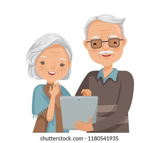 Elderly couple reading. Senior adult  holding tablet reading together. vector illustrations Isolated on white background.
