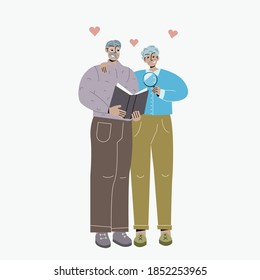 an elderly couple reads a book together. Grandfather in glasses, and grandmother through a magnifying glass