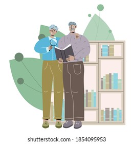 an elderly couple reads a book together. Grandfather in glasses, and grandmother through a magnifying glass