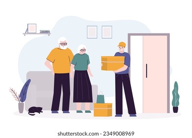 Elderly couple receive parcel. Concept of e-commerce and online shopping. Express delivery service. Aged people at home interior. Courier or deliveryman delivered package to buyer. vector illustration