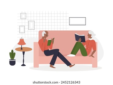 Elderly couple relaxed on sofa reading. Retirement leisure time cartoon vector illustration