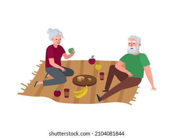 Elderly couple relaxing on picnic. Grandparents outdoor spending time together. Senior persons leisure vacation. Grandmother and grandfather in old age relationship. Pensioners vector eps illustration