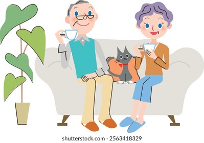 Elderly couple relaxing on the sofa and drinking coffee