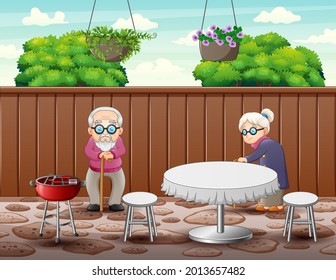 The elderly couple in the restaurant illustration
