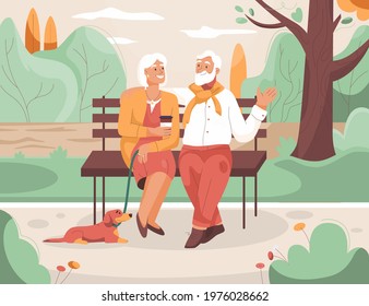 Elderly couple is resting in city park. Grandmother and grandfather sitting on bench, talking, walking dog. Vector character illustration of old people healthy lifestyle, retired family pastime