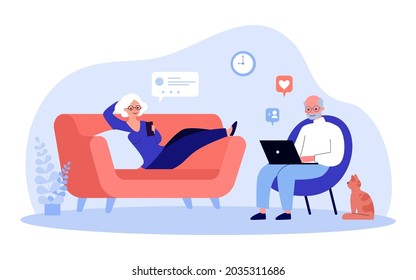 Pareja mayor descansando en la sala de estar usando aparatos. Ilustración vectorial plana. Los jubilados modernos usan smartphone y laptop para comunicarse en Internet. Familia, tecnología, concepto de red social