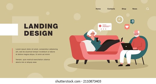 Elderly couple resting in living room using gadgets. Flat vector illustration. Modern retirees using smartphone and laptop, communicating on Internet. Family, technology, social network concept