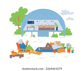 Elderly couple resting on glamping or camping comfortable site, flat vector illustration isolated on white background. Camping or glamping accommodation.