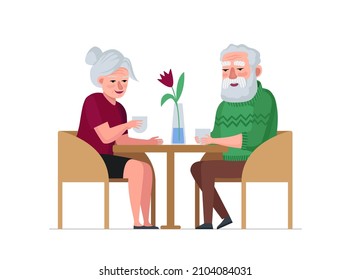 Elderly couple retired grandparents sitting in cafe and celebrating anniversary. Old people dating in coffee shop. Senior persons relax in restaurant. Grandmother and grandfather retired relationships