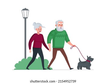 Elderly couple retired grandparents walking with dog at park. Old people spending time outdoor. Senior persons enjoying promenade with pet. Family leisure relationships. Vector eps illustration