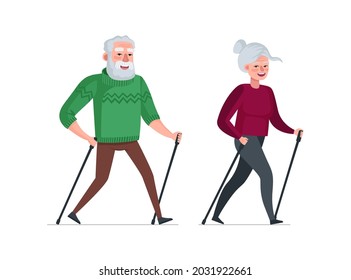 Elderly couple retired leisure time together. Nordic walk active cheerful healthy old people. Senior aged pensioners healthy lifestyle. Grandfather and grandmother outdoor exercise vector illustration