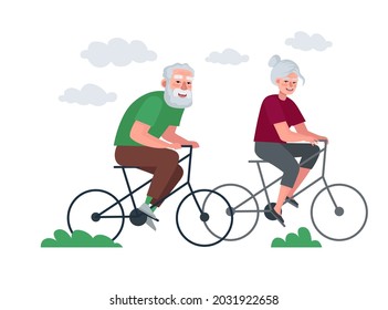 Elderly couple of retirees active healthy lifestyle. Grandmother and grandfather in old age cycling on bicycle. Grandparents on bike outdoor spending time. Senior persons vacation vector illustration