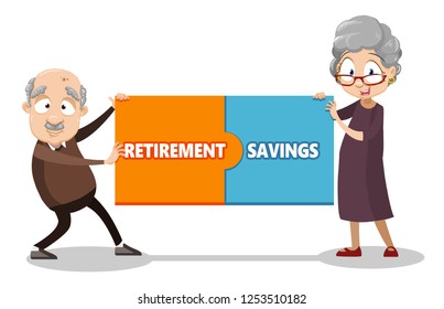 Elderly couple with retirement savings poster vector illustration. Cartoon pensioners man and woman holding horizontal banner consist of puzzle with inscription. Pension savings and planning concept