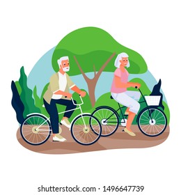 Elderly couple ride bicycles in the countryside. Vector flat cartoon illustration of spring or summer outdoor leisure. Concept of active healthy lifestyle of seniors.