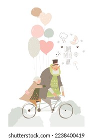 Elderly couple riding bicycle together. Old lady sits on back of cycle. Grandfather wheels grandmother on bicycle. Valentine s Card