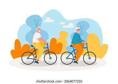 Elderly couple riding bikes in park. Happy aged man and woman spending time together outdoors. Active retirement, sport and healthy lifestyle concept. Modern flat vector illustration
