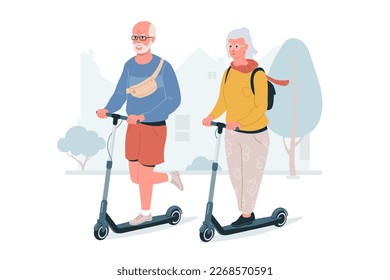 Elderly couple riding electric scooters. Happy seniors riding scooters outdoors. Modern pensioners after retirement. Vector illustration isolated on white. Flat style.