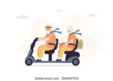 Elderly Couple Riding Electric Tricycle. Grandfather And Grandmother Ride Scooter To The Shopping. Older Man Driving Electric Wheelchair. Transport For Old People. Family Weekend. Vector Illustration