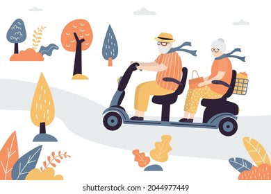 Elderly Couple Riding Electric Tricycle. Grandfather With Wife Ride Scooter In Park. Older Man Driving Electric Wheelchair. Transport For Old People. Family Weekend. Trendy Flat Vector Illustration