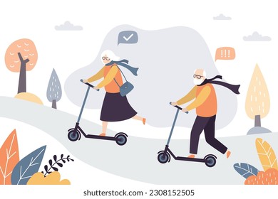 Elderly couple riding electric tricycle. Grandfather with wife ride scooter in park. Older man driving electric wheelchair. Transport for old people. Family weekend. Trendy flat vector illustration