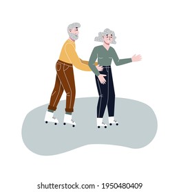 Elderly couple riding on rollers. Old man and woman roller skates. Active grandparents. Flat vector illustration.