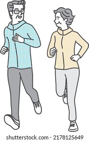 An elderly couple running alongside each other