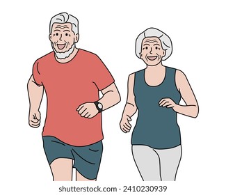 Elderly couple running together. Active and energetic senior people concept. Hand drawn vector illustration