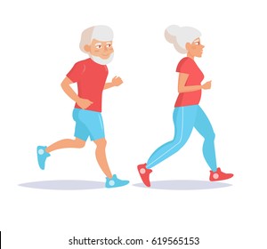 Elderly couple runs. Isolated art on white background. Vector. Cartoon. Flat.