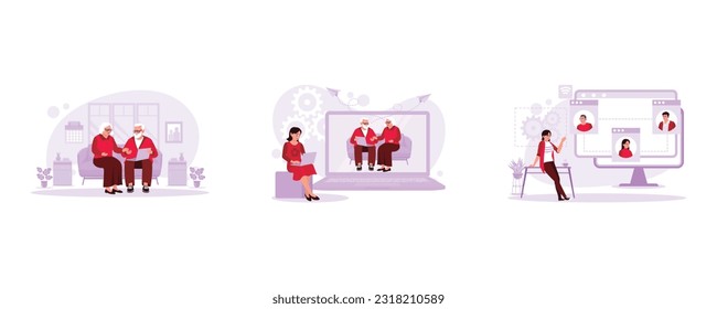 An elderly couple sat together on the sofa, watching a funny video. Young women are sitting and communicating with grandparents via video call. View of businesswomen having online meetings. Trend Mode