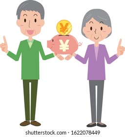 An elderly couple saving Japanese yen with a piggy bank