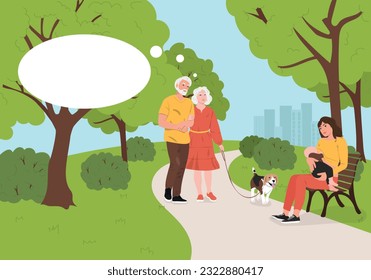 An elderly couple saw a woman breastfeeding a child in the park. Breastfeeding in public concept.  Vector illustration