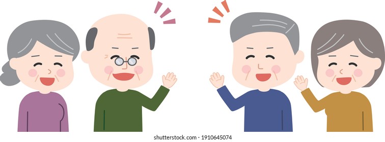 Elderly Couple Saying Hello To Neighbors With Gestures. Vector Illustration Isolated On White Background.