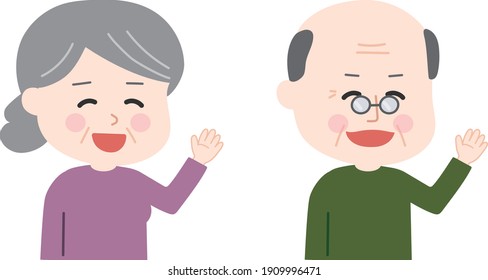 Elderly couple saying hello to someone with gestures. Vector illustration isolated on white background.